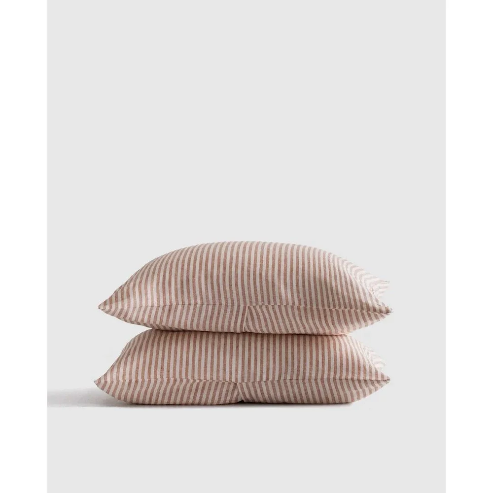 Quince European Linen Sham Set Standard Terracotta White Stripe NEW